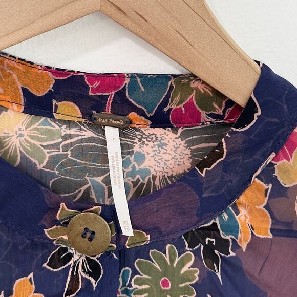 Free People Everything and More Chiffon Babydoll Mini Dress Floral Blue size XS - Picture 6 of 8